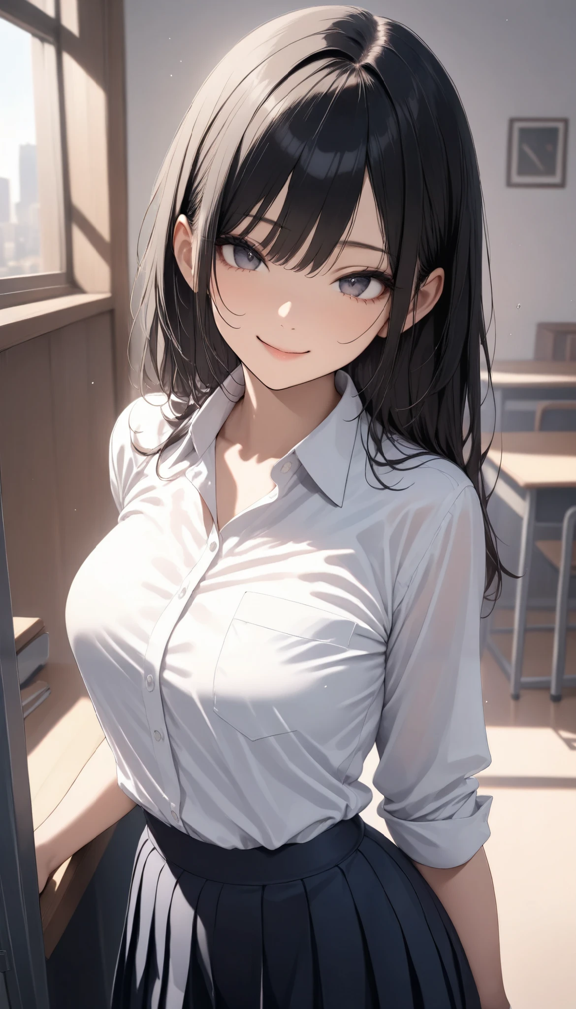 1 girl, JK, school uniform, shirt, skirt, black hair, smile, clothed, classroom, masterpiece, high score, Great Score, Absard Dress