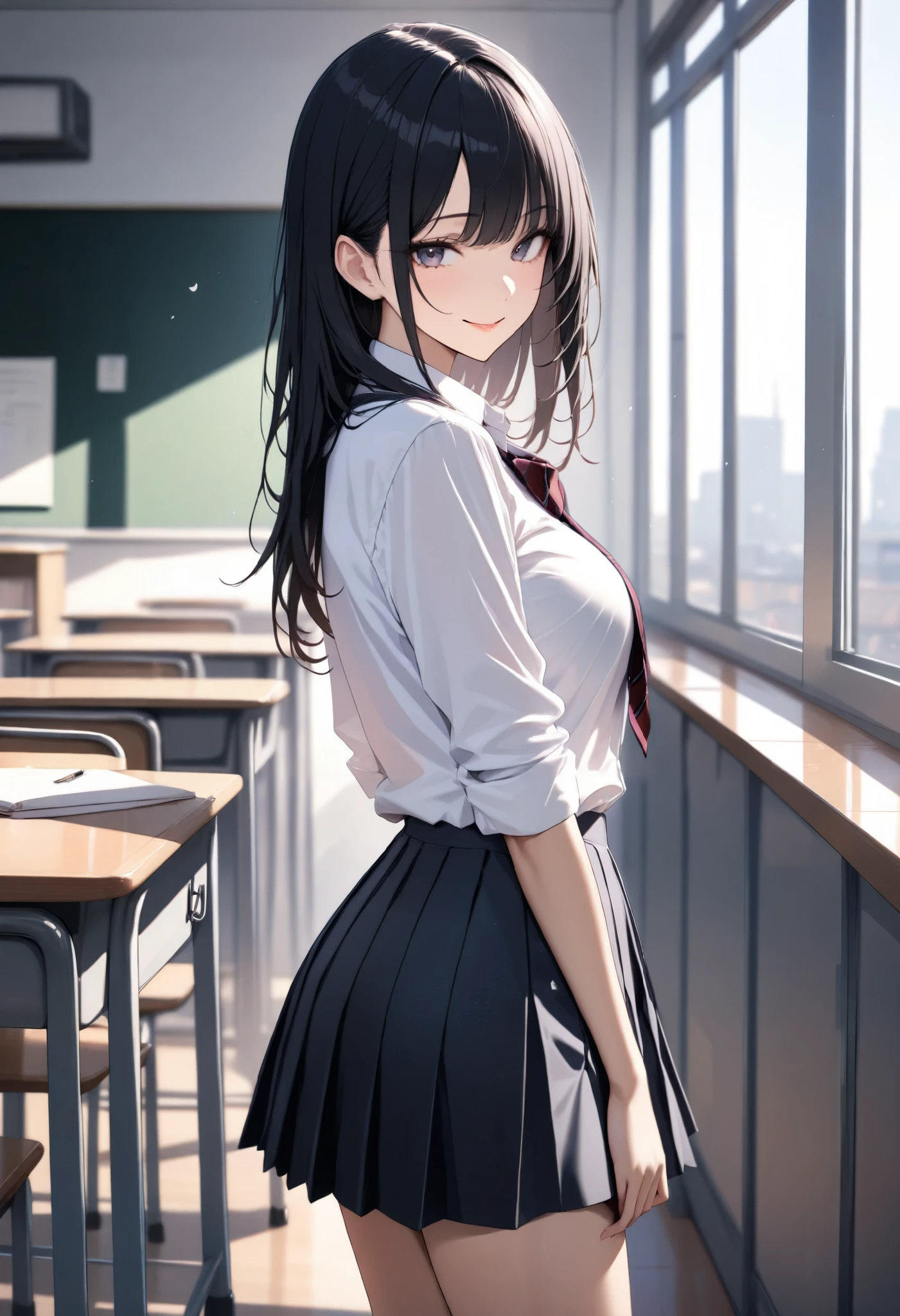 1girl, JK, school uniform, shirt, skirt, black hair, smile, standing, classroom, masterpiece, high score, great score, absurdres
