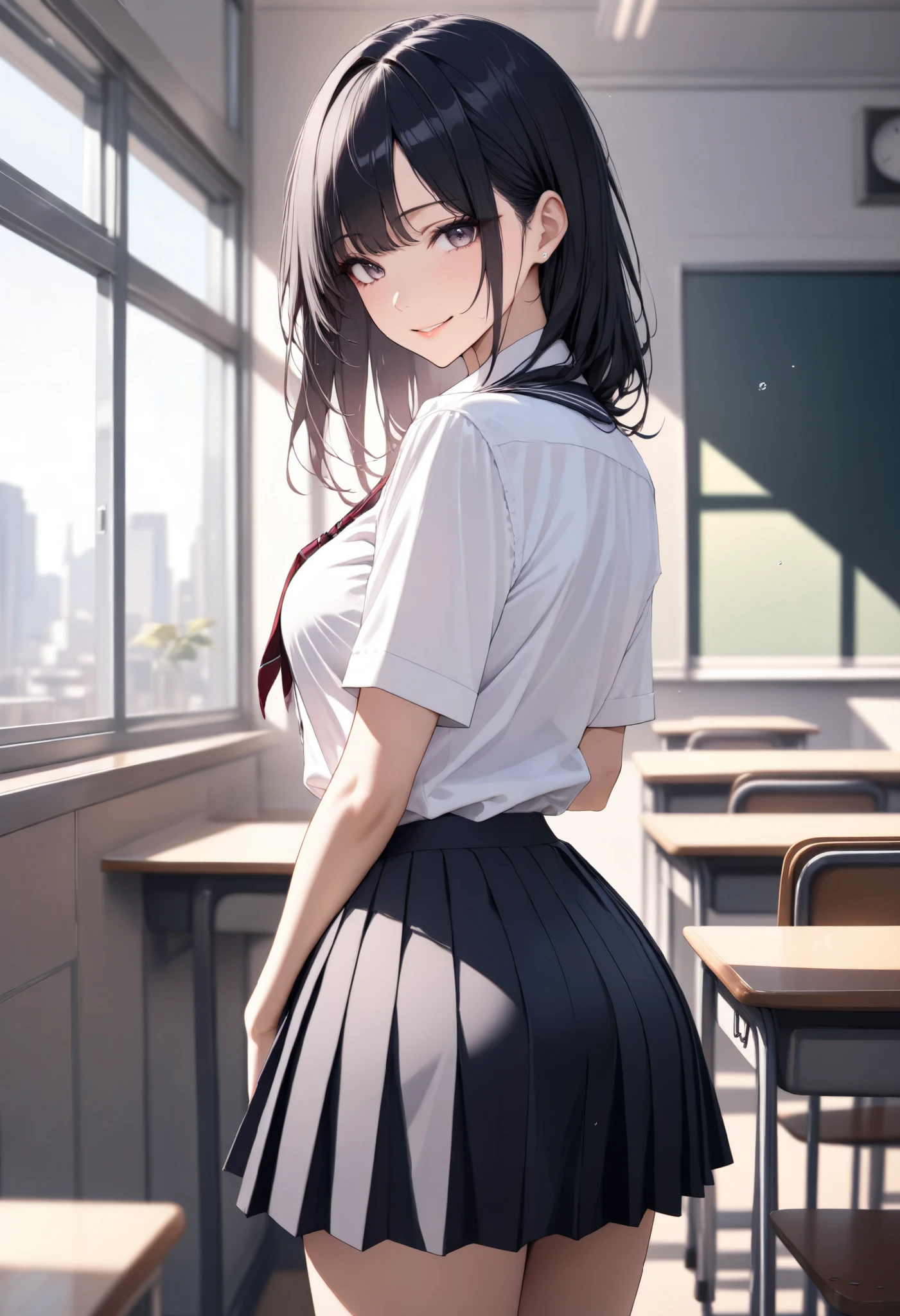 1girl, JK, school uniform, shirt, skirt, black hair, smile, standing, classroom, masterpiece, high score, great score, absurdres