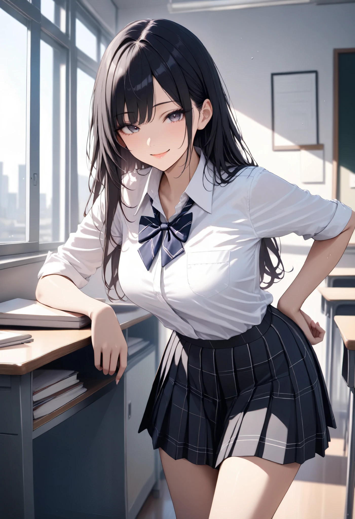 1girl, JK, school uniform, shirt, skirt, black hair, smile, standing, classroom, masterpiece, high score, great score, absurdres