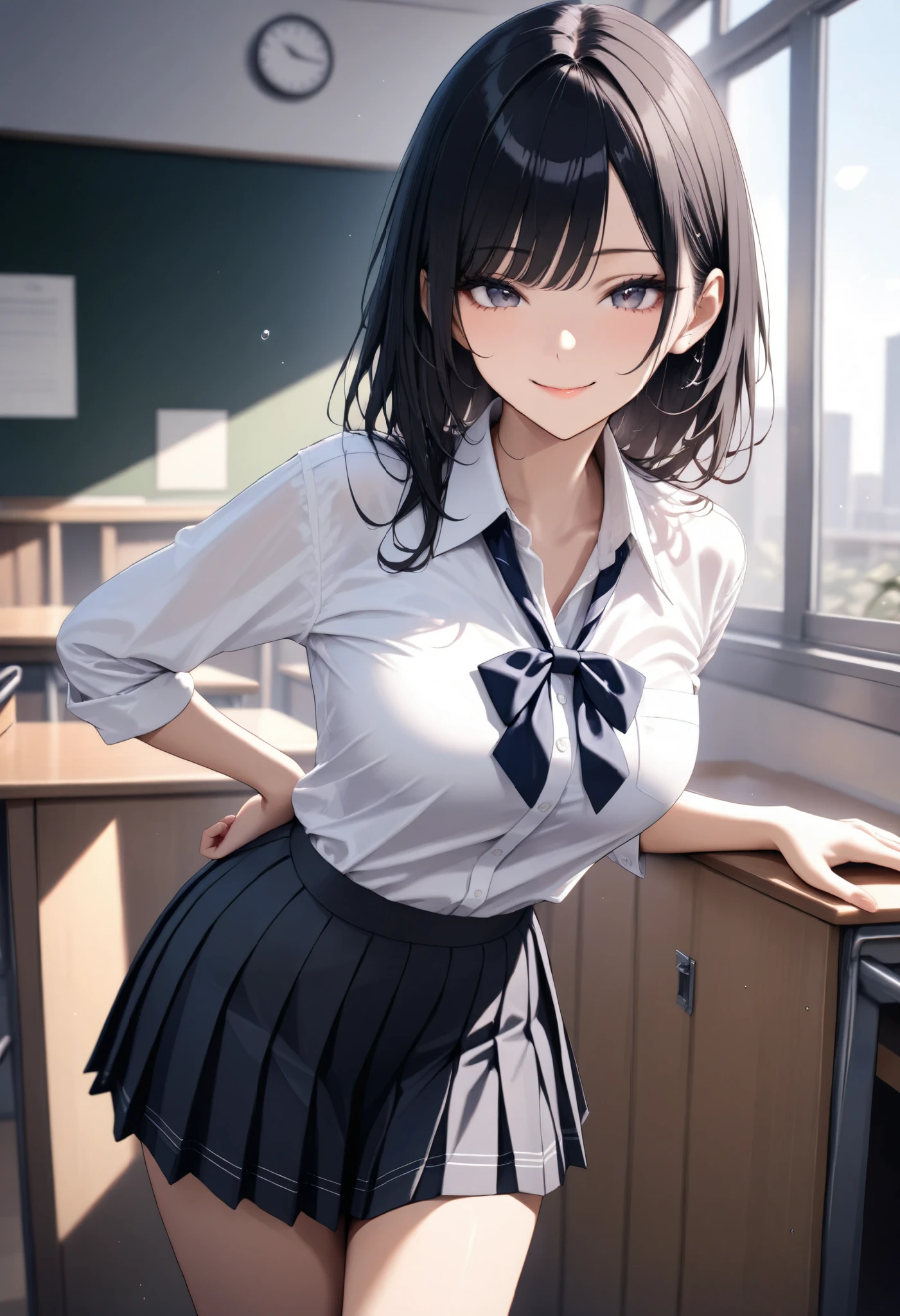 1girl, JK, school uniform, shirt, skirt, black hair, smile, standing, classroom, masterpiece, high score, great score, absurdres