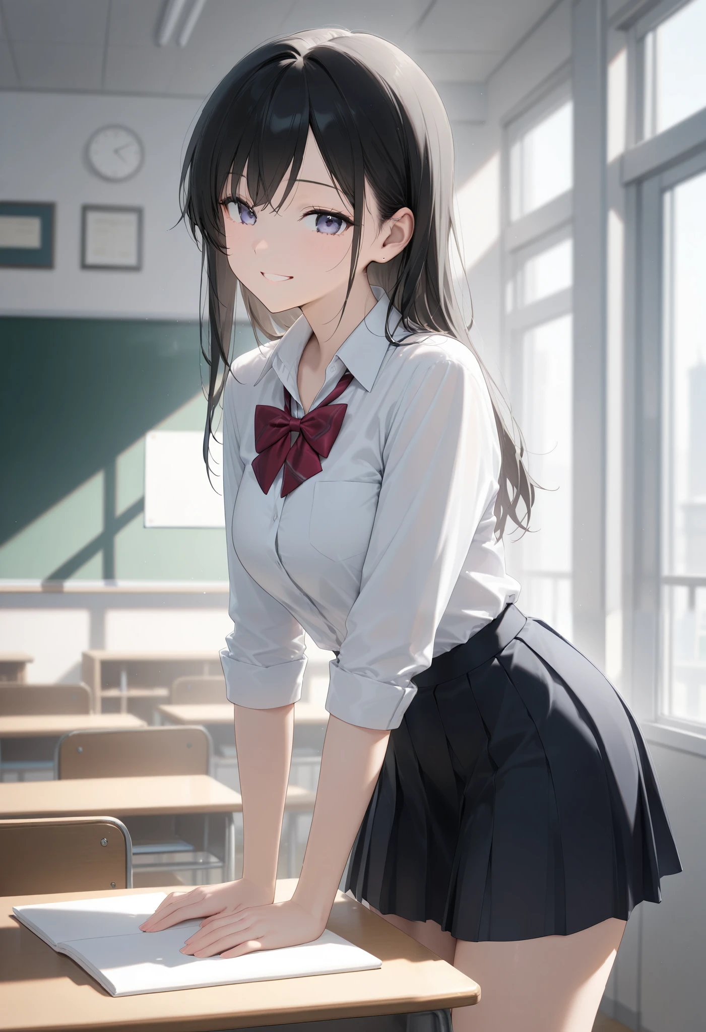 1girl, JK, school uniform, shirt, skirt, black hair, smile, standing, classroom, masterpiece, high score, great score, absurdres