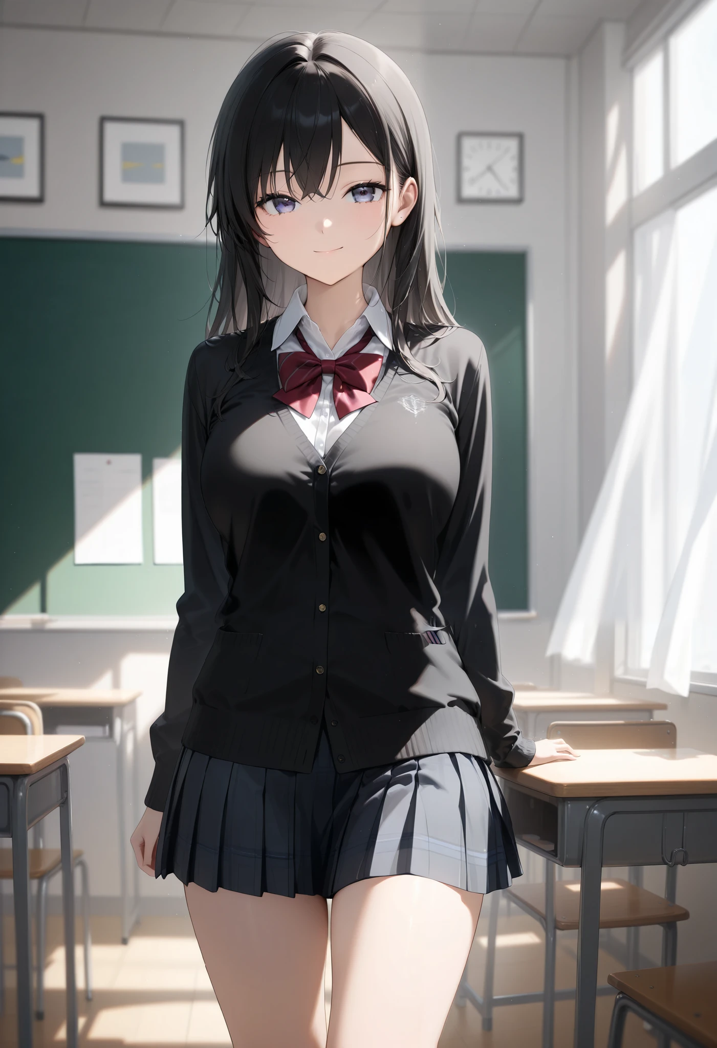 1girl, JK, school uniform, shirt, skirt, black hair, smile, standing, classroom, masterpiece, high score, great score, absurdres