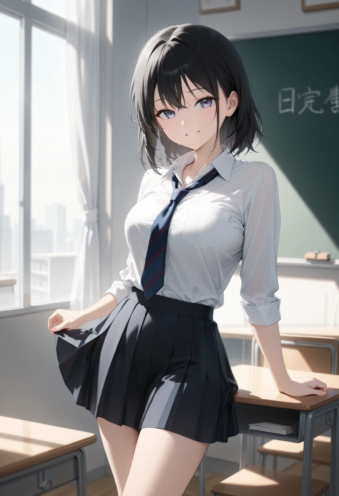 1girl, JK, school uniform, shirt, skirt, black hair, smile, standing, classroom, masterpiece, high score, great score, absurdres