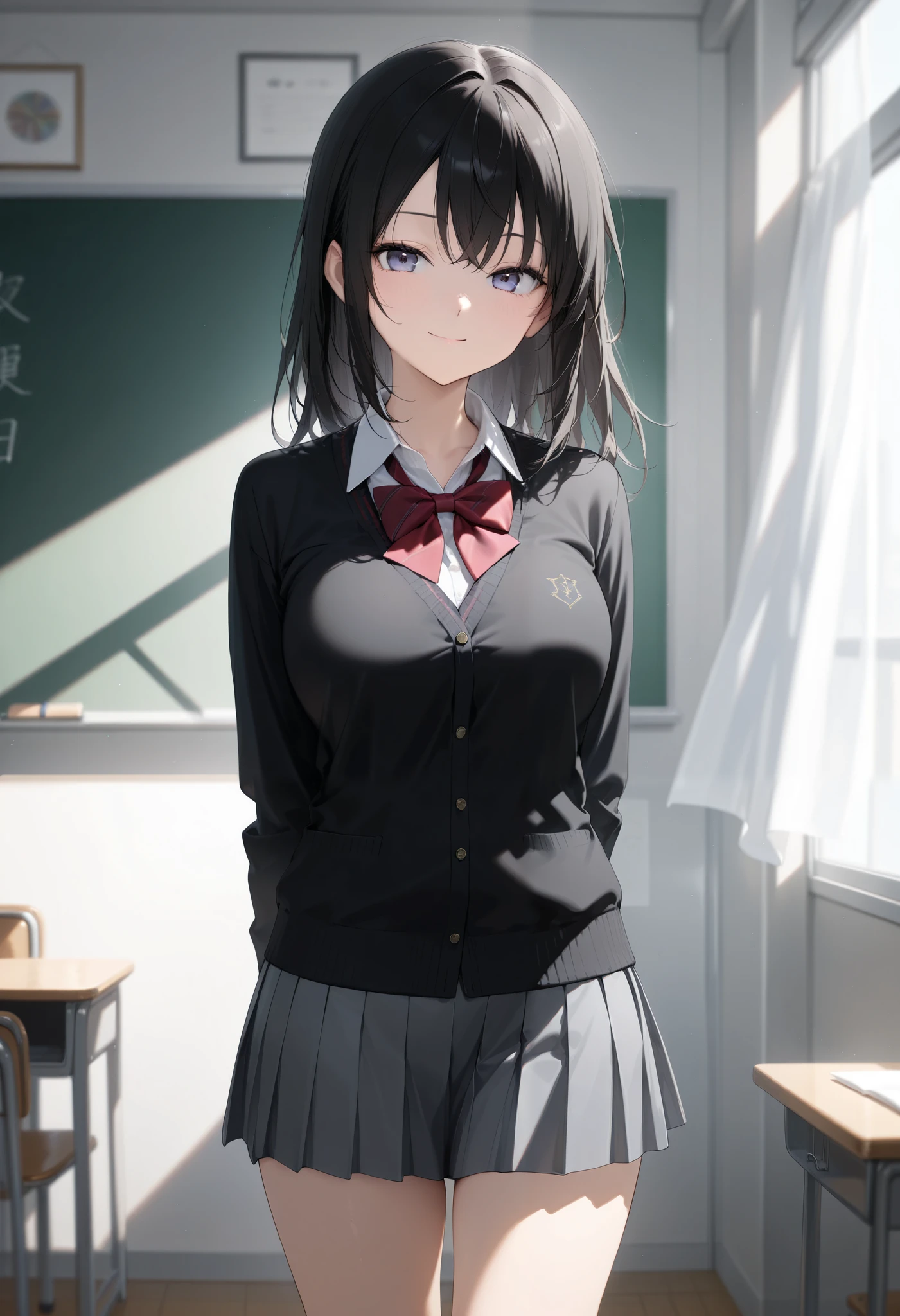 1girl, JK, school uniform, shirt, skirt, black hair, smile, standing, classroom, masterpiece, high score, great score, absurdres