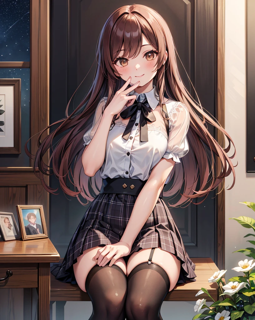 young girl, with a youthful charm, 14 years old, in a white dress shirt, red tie neatly knotted, black skirt reaching her knees, paired with black long socks and black shoes, lacing up neatly, hair extending past her shoulders, starting straight and transitioning into soft curls at the ends, enchanting brown eyes, and dark brown tresses. Ultra-detailed, masterpiece quality, 8K, HDR, studio lighting, ultra-fine painting, sharp focus, physically-based rendering, vivid colors, bokeh, realistic.