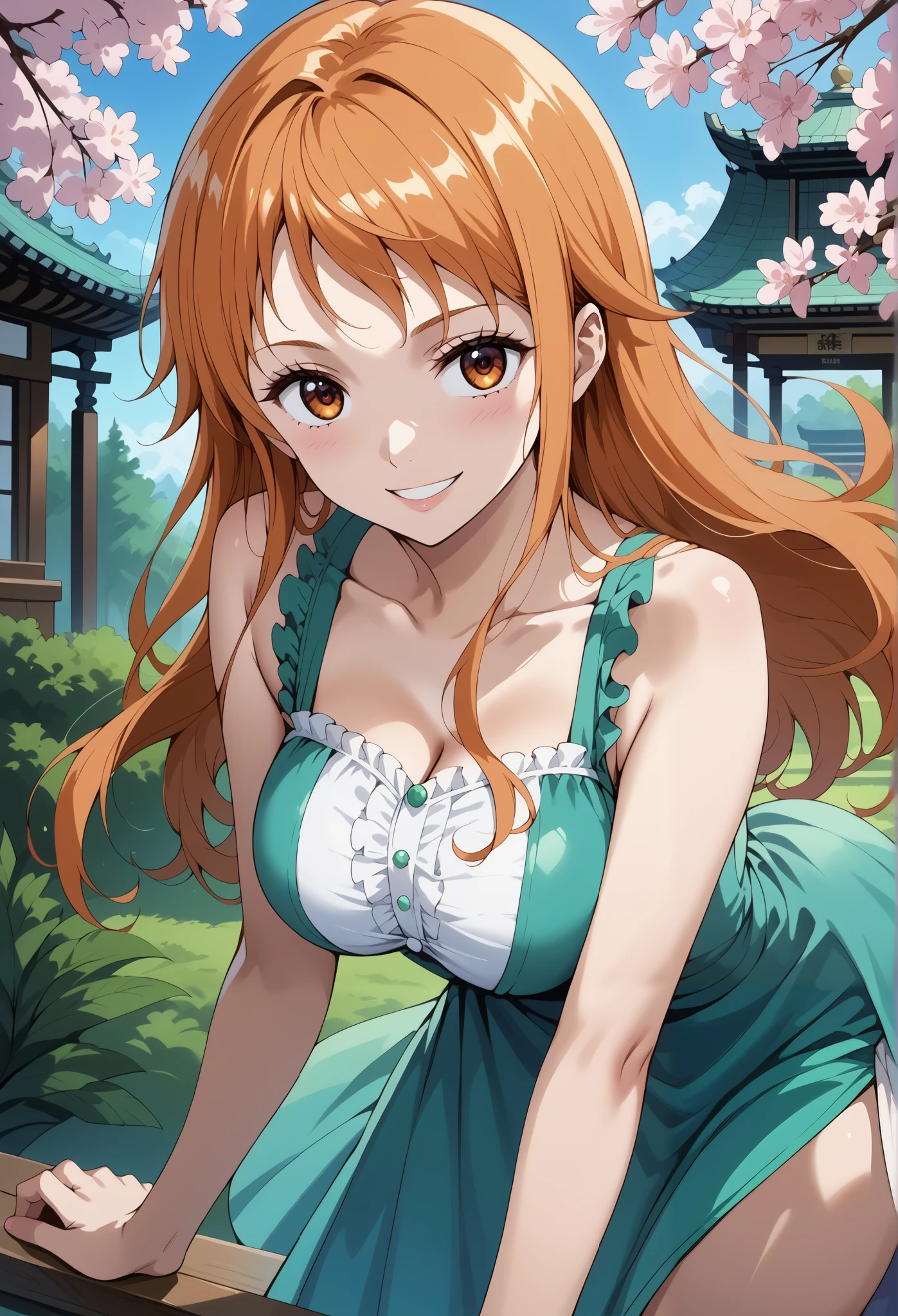 score_9, score_8_up, score_7_up, source_anime, 4K,perfect fingers,(perfect hands, perfect anatomy),prefect lighting, very aesthetic, intricate details,highly detailed background, masterpiece, high quality, best quality,
1girl,solo,onepiecenami, nami, long hair, orange hair, brown eyes, large breasts,,
wearing ((casual dress,frills,ornate clothing, )),,
forest, sakura, cherry blossoms,action pose, looking at viewer, head tilt, playful smile,from behind, leaning forward, looking at viewer, smile, outdoors,