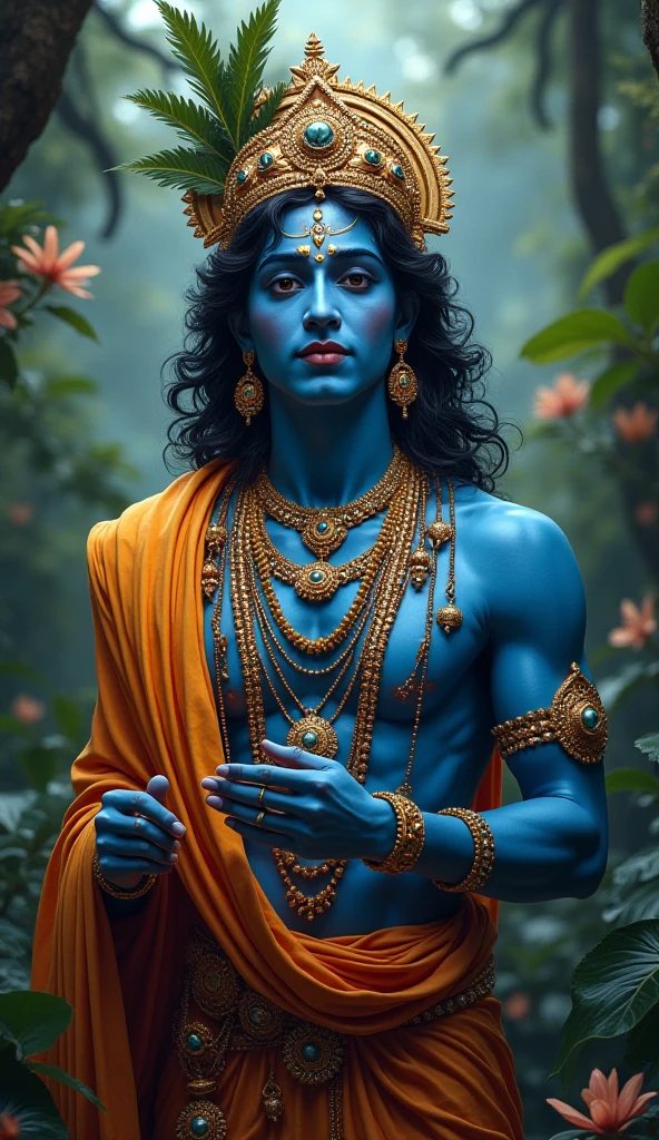 Give an image of dark dusky lord krishna with a smile with everything around him dark and him being the light