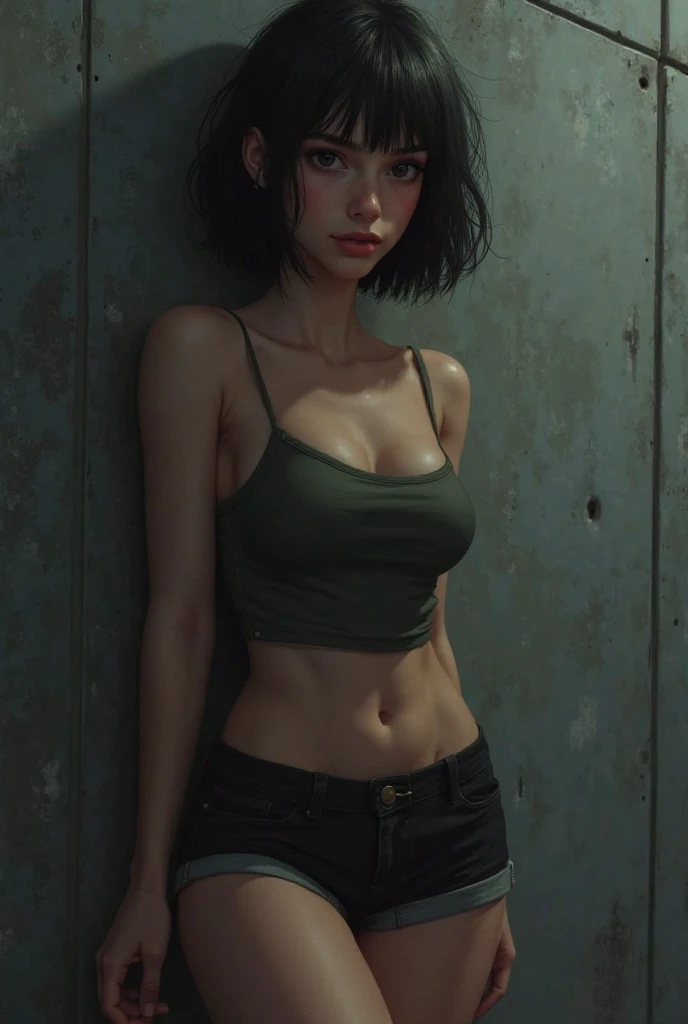 Girl doing bold pose standing, cat ears, seductive, medium breasts, black blouse dropped on its side, short shorts, black boot, black glove, short black hair, crepe fabric, attractive, all dirty with blood. (Warehouse, old and abandoned place, night, dust flying), (ambient lighting, masterpiece, posing for the camera, seducing, depth of field, 4K, 35mm lens, richness of detail). Hollywood Style