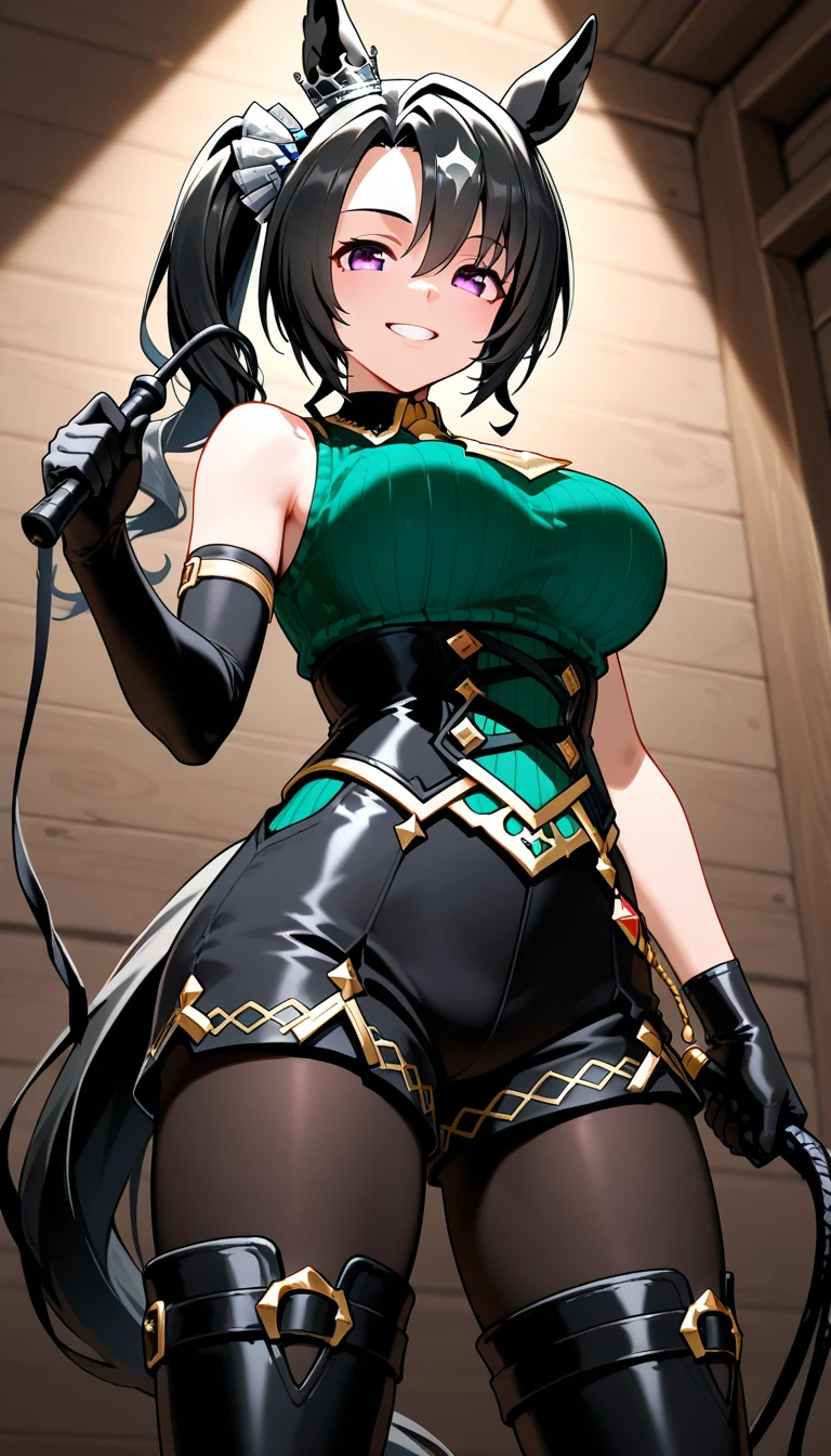 BDSM、Queen、mistress、(((One girl)))、solo、(((Long gloves covered to the fingertips in black latex:1.4 )))、(((Black latex corset dress:1.4)))、(((The corset dress is decorated with beautiful lace.)))、(((Corset dress with shoulder straps)))、(((Black latex tight mini skirt:1.4)))、(((Black Thigh Boots)))、(((Black fishnet stockings:1.2 )))、Stiletto heels、(((Black latex panties)))、(((Black latex bra)))、(((Black leather collar)))、(((Sexy pose:1.4 )))、Wide-open legs:1.2、(((Erotic)))、(((Cowboy Shot)))、Utena Hiiragi
1girl, alone, short hair, Open your mouth, Hair between the eyes, Yellow Eyes, Purple Hair, tooth, Memes, Highlighted lines、Staring at the audience、Wicked Smile、blush:1.2