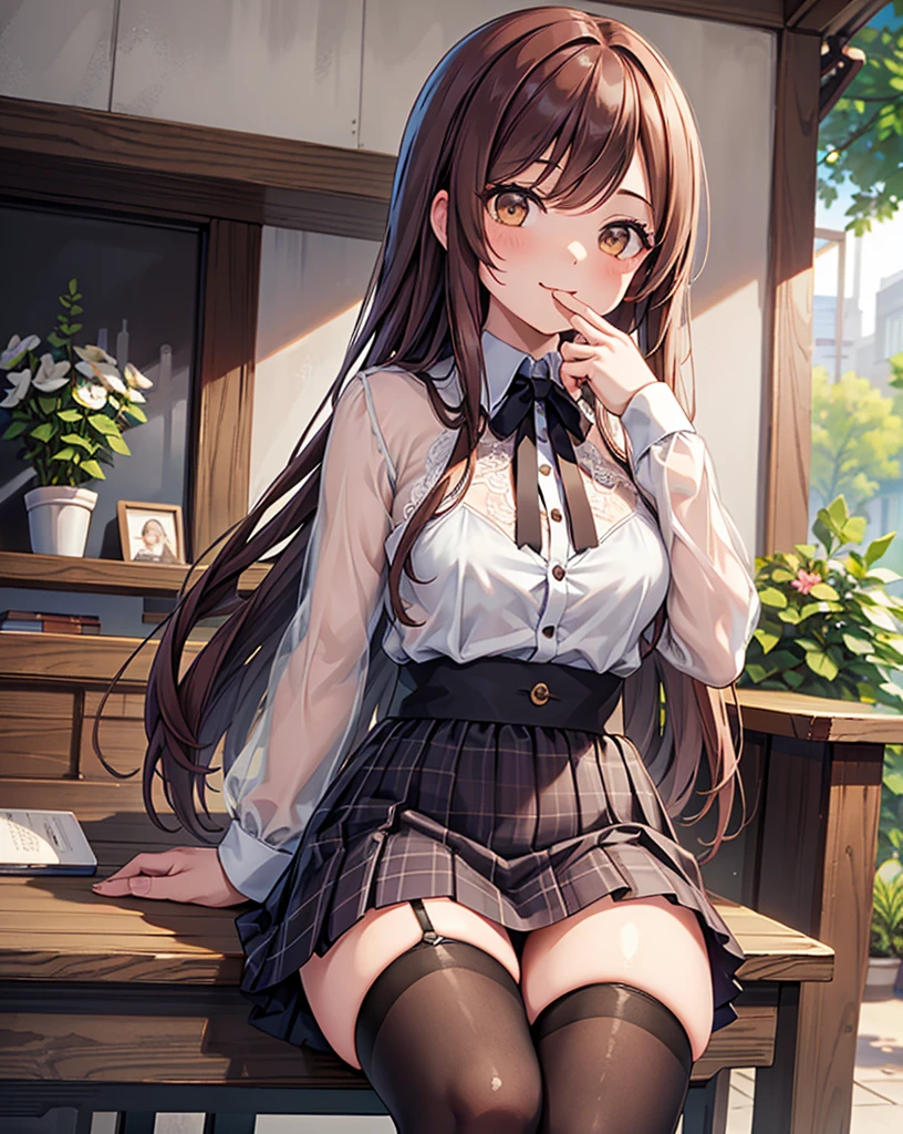 Girl --s2, (ultra-detailed, young and radiant complexion), flowing chestnut brown hair, sparkling hazel eyes,  nose, full lips with a gentle smile, pale pink blouse, plaid school skirt, knee-high socks, Mary Jane loafers, sitting cross-legged on a plush carpet, surrounded by books and stationery, holding a pencil and notepad, focused on her studies, saturated colors, soft lighting, shallow depth of field.