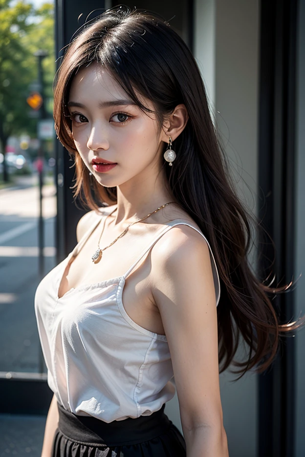 A perfect young female white-collar worker,Chinese,High picture quality,Works of masters,Black hair,Long hair flowing over the shoulders,Blured background,outside, deep shadow, Real Human,CG rendering,16k,Stand up,Empty interior,Do not show your hands,Close-up shot