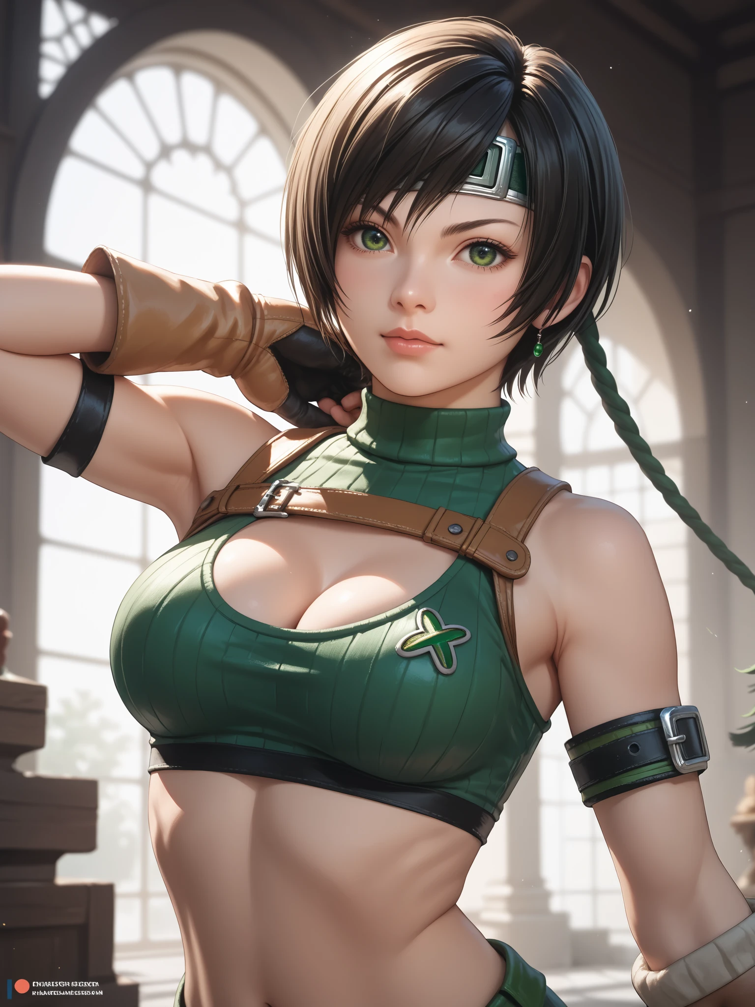 Ninja Girl, big breasts, Brown hair, green sleeveless vest, Large neckline on the chest, You can see the navel, black shorts, photorealistic, Best quality, normal proportions Expected consumption 
