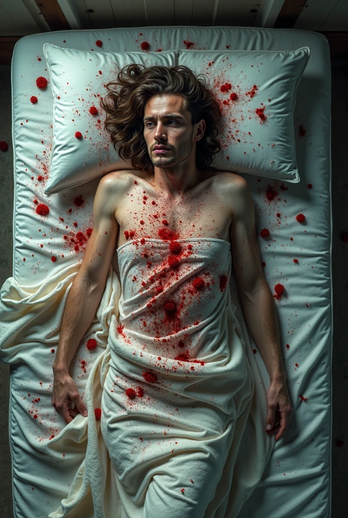 35-year-old man with the body of a 19-year-old girl, (Behind , holding the knife), black gloves, room , dark grey office shirt, holding the knife, black gloves, Woman on top, Behind , blood splash, in bed, mass murderer, killer, long bangs bob haircut 1960s, blood splash, dark atmosphere, cinematic lighting, realistic atmospheric, close up, naked woman