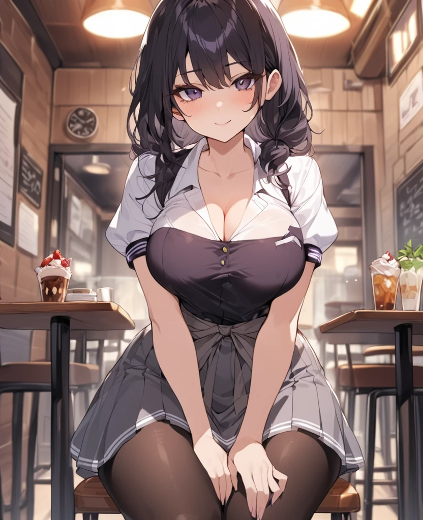 (highest quality:1.4)、(High resolution)、Detailed Background、(Beautiful face in every detail:1.4)、Anatomically correct、(Draw the usual number of fingers:1.2)、(Detailed facial expressions)、Beautiful, smooth skin、Teenage Girl、(Huge breasts:1.3)、brown hair、Black Hair、Bobcut、ponytail、Realistic、Perfect body line、Sitting in a chair at a family restaurant、Accentuate your cleavage、Show off your attractive armpits、Attractive big ass、attractive thick thighs、Blushing、My shirt is about to be buttoned off.、Sexual expressions、Short sleeve shirt、Cowboy Shot、He is looking at me with a happy expression、
(A beautiful girl whose breasts are about to burst out of her shirt:1.5)、
Choose a short shirt blouse that is slightly smaller in length, such as pink or mint green.、
Pair it with a pleated or flared mini skirt.、
The tulle mini skirt is also cute.、Colorful ribbons、cute