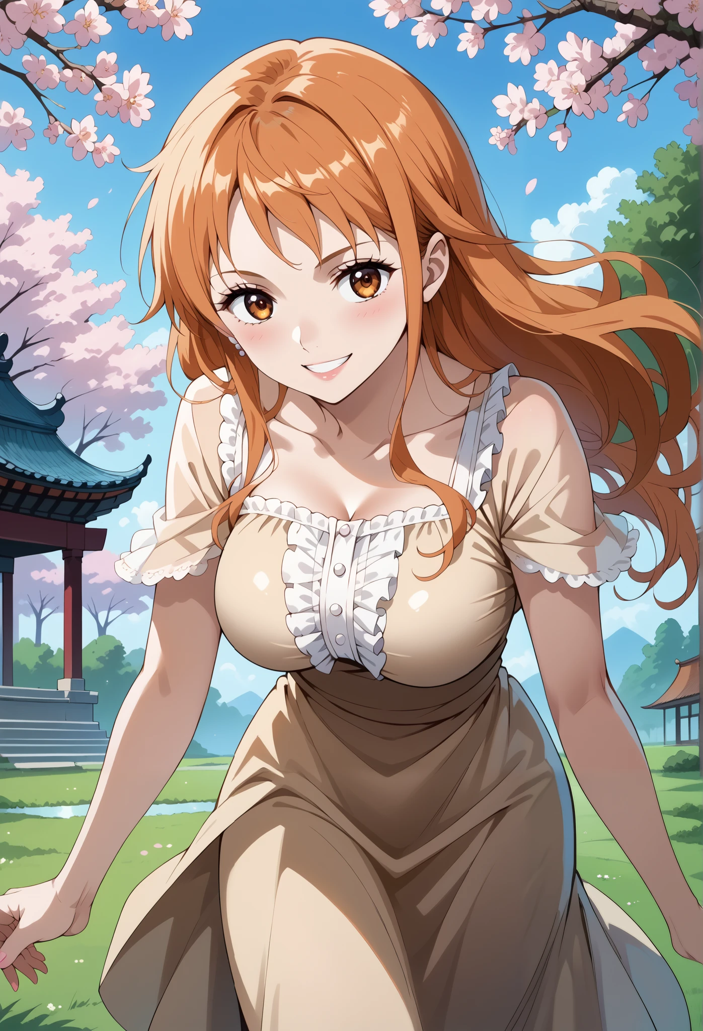 score_9, score_8_up, score_7_up, source_anime, 4K,perfect fingers,(perfect hands, perfect anatomy),prefect lighting, very aesthetic, intricate details,highly detailed background, masterpiece, high quality, best quality,
1girl,solo,onepiecenami, nami, long hair, orange hair, brown eyes, large breasts,,
wearing ((casual dress,frills,ornate clothing, )),,
forest, sakura, cherry blossoms,action pose, looking at viewer, head tilt, playful smile,from behind, leaning forward, looking at viewer, smile, outdoors, sky, solo focus,
