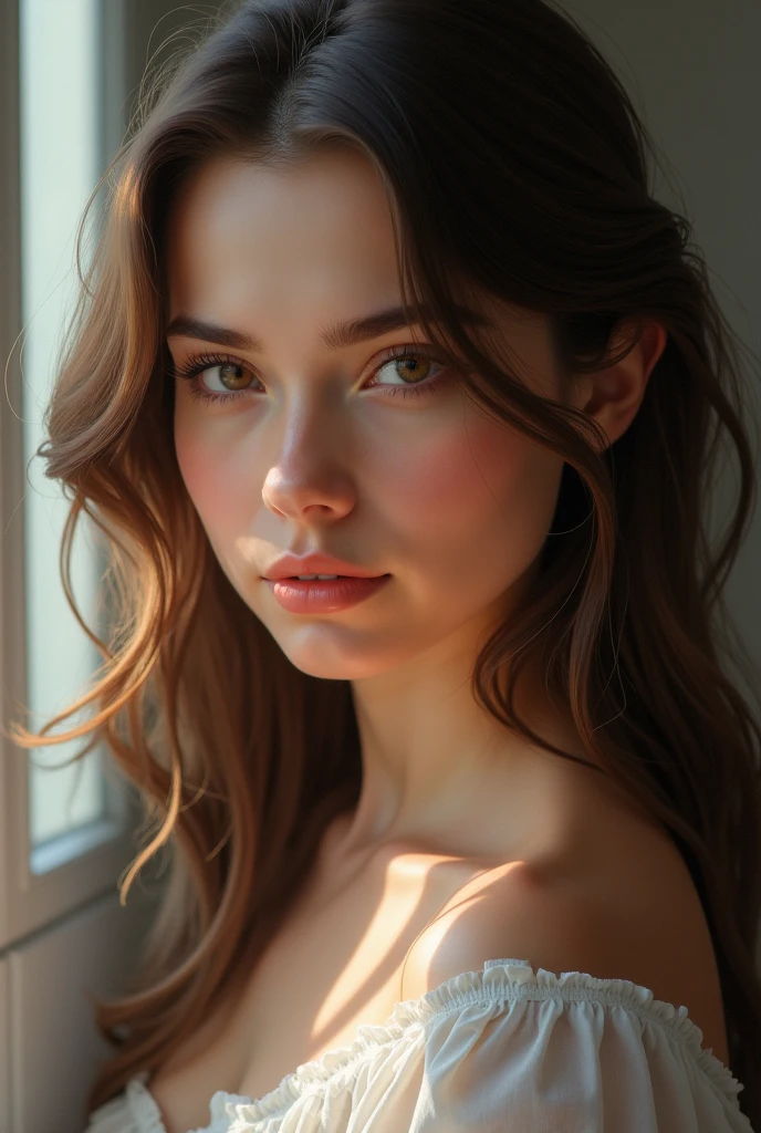 (((ultra realistic))) Photo, masterpiece, top quality, (pale skin), (Ultra detailed face and eyes:1.3), 1 girl, Adult, in a T-shirt, (Eye makeup, mascara) , ((large detailed lips)), ((ash wavy hair)), ((Chyolka)) , (Natural breasts), Slim waist. ((Posing)), photoshoot, studio (soft lighting), (The play of light and shadows), depth of field, bokeh, (special attention to skin detail: 1.2), Detailed leather texture, skin pores. (Airy atmosphere of the frame. Color range - delicate, Bright, white, Pink tones), UDR, ((Film grain)), ((rays)), ((glare of the sun)), ((waist up portrait, close to the camera)) , ultra detialed, 