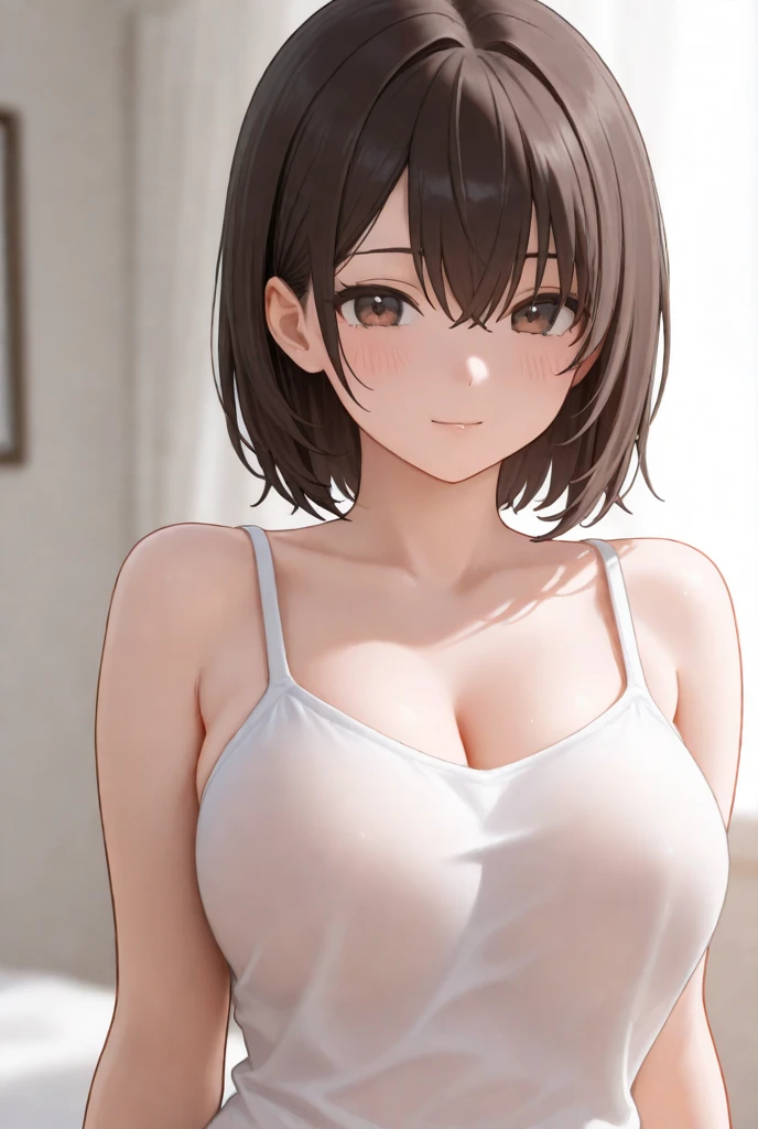 ((masterpiece)), ((best quality)), (detailed), (adult women), slant eyes, fluffy bob cut, blunt bangs, brown hair, large breasts, photograph, beautiful detailed face, detailed eyes, (embarrassed,blush:1.2), (nude), (nsfw), upper body, (Impasto:0.2), (Showing her boobs), light smile