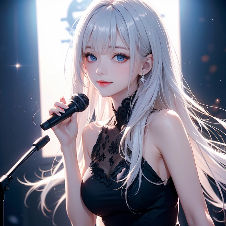 (8k, Ultra-high resolution, The best masterpiece, best quality:1.2), Very detailed, Complete Solution, (actual, actual photo: 1.37), portrait, focus on eyes, HD RAW photos, career arrest, High quality and beautiful, 超高清 8k 影像照片, confess, Professional photography, Very detailed的美麗女孩, Super delicate face shape, Contoured eyes, (Very detailed eyes), Precisely shaped nose, expressive lips, Delicate skin, (HD Skin:1.2), Neatly contoured fingers, Every feature is carefully displayed, (25:1.2), Twenty generations, cute girl, Beautiful mature lady, solo, k-pop artist, Very beautiful Korean singing idol, (Sing:1.2) (Dynamic dance performance poses:1.2), Vibrant look, (Creative colorful idol skirt:1.2), shiny decoration, top idol, Dynamic long hair, sparkling amber eyes, red lips, Heavy makeup, Big breasts, (Hold the microphone), one hand raised, Sensual dance, powerful dance, (music stage) Indoors, large concert, (neon lights:1.3), stage spotlight, (Colored spotlight), swirl pattern, (audience:1.2), (A group of energetic and passionate fans:1.4), perfect anatomy, Detailed background, HD Background, , (Volumetric lighting, Dynamic lighting:1.2), actual, stunning details, 8k Ultra HD, high quality, CG unity, C4D Rendering, 3D Rendering