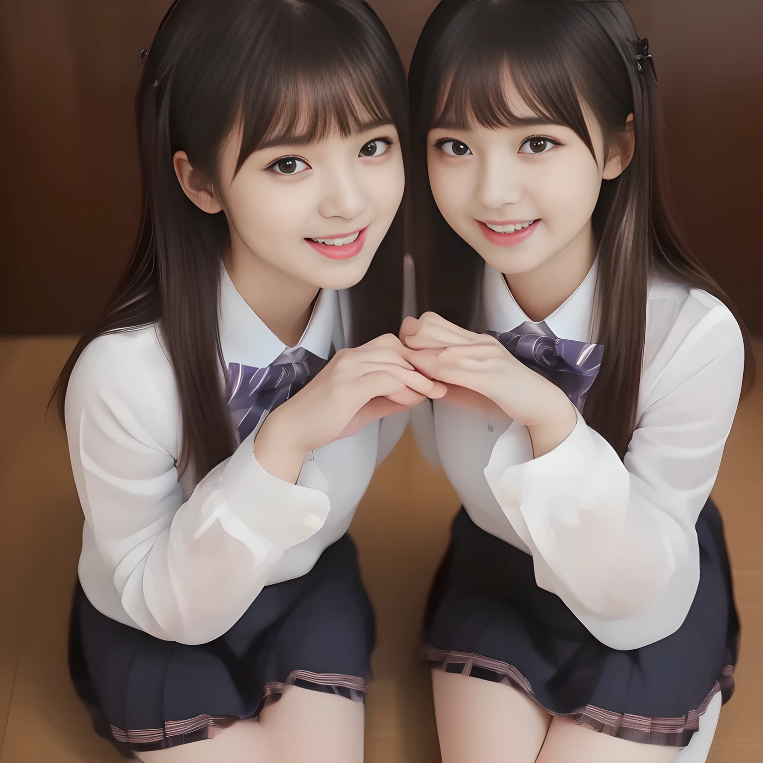 (masterpiece, best quality:1.2), High resolution, 1080P, 8K, 1girl, solo, (((Too beautiful Two zinomy noble lovely idols)) are seated on the viewer's leg and caressing the viewer together. Beautiful face looking down. All the girls are noble, neat, intelligent and beautiful slender, maximum laughter of happiness, neat seducing uniform and skirt: 1.8), (Incredibly well organized pure white face, Glossy lips, Very long black beautiful straight hair like a hair model, (((Pure and clear wet noble smiling fluttering eyes))), (((Noble and neat and noble))) Japanese school uniform, (red cute school ribbon bow-tie), girly & fluttering ((frilled gorgeous expensive white school blouse)), puffed sleeves, (cutest well-pleated noble (navy blue skirt)): 1.9) ,(beautiful legs, white socks and school loafers), (Using expensive face-whitening cosmetics to make her skin more beautiful and pure by professional makeup artist: 1.0), (The neat beautiful two succubi know well about the viewer's super fetishism for school uniforms, and satisfies it completely with skirt: 1.0), (well detailed face and seducing eyes: 1.8), (All the girls are giving the the viewer's one extreme happiness of beautiful hands and skirt: 1.5), (Two beautiful zinomy girls caress and squeeze the viewer's one passionately tenderly together with Beautiful open mouth and hands: 2), (Neat, clean, clear, noble harem atmosphere: 1.8), (hypnosis of (continuous lewd beautiful laughter with open mouth): 2)