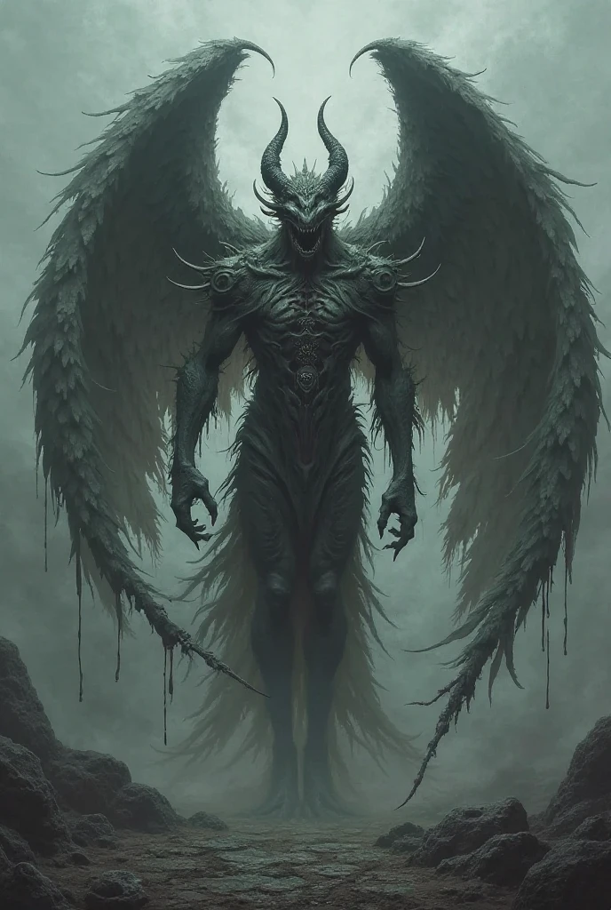 6 winged angel, two headed, six eyes, goat's feet, wings full of eyes, man&#39;s body