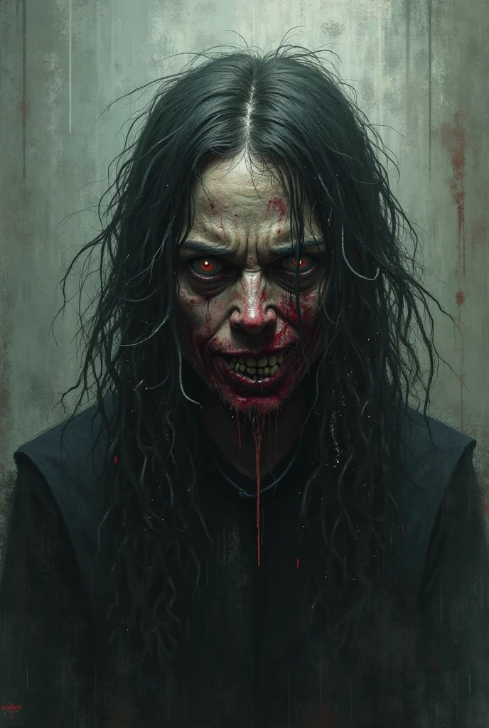 reelhorror, MAEILYN MANSON AS DRACULA, lying down, PUNK HAIR, veins, tongue, SHARP TEETH, teeth, eyes, flesh, drooling, looking at the viewer, blood, LATEX OVERCOAT, wound, realistic, death, indoors, full shot, garbage, pov scene, point of view, 8K, BEST QUALITY