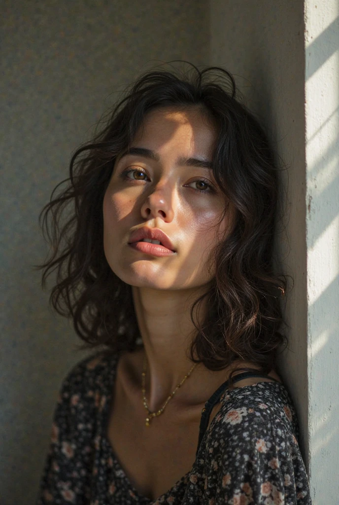 Photograph of a naked woman, (worried facial expression), Piel texturizada, piel de gallina, pelo rubio afro, camisa de franela a cuadros con jeans boyfriend desgastados, tiro de vaquero, dark and mysterious cave with unique rock formations and hidden wonders, Ojos perfectos, (luz de una vela,chiaroscuro), Porta 160 color, disparo en ARRI ALEXA 65, bokeh, sharp focus on the subject, disparado por Don McCullin