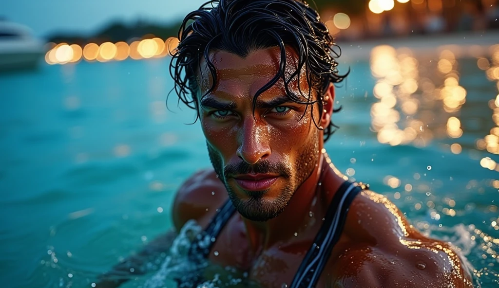 Francesco Totti, ancient warrior bathing, mythological, naked torso, natural black skin, blue eyes, hairy chest, beard, tuft covering his forehead, emerging from the water of a river, beautiful young man, superhuman beauty, perfect features, Latin look, hyper realistic, high detail, high quality
