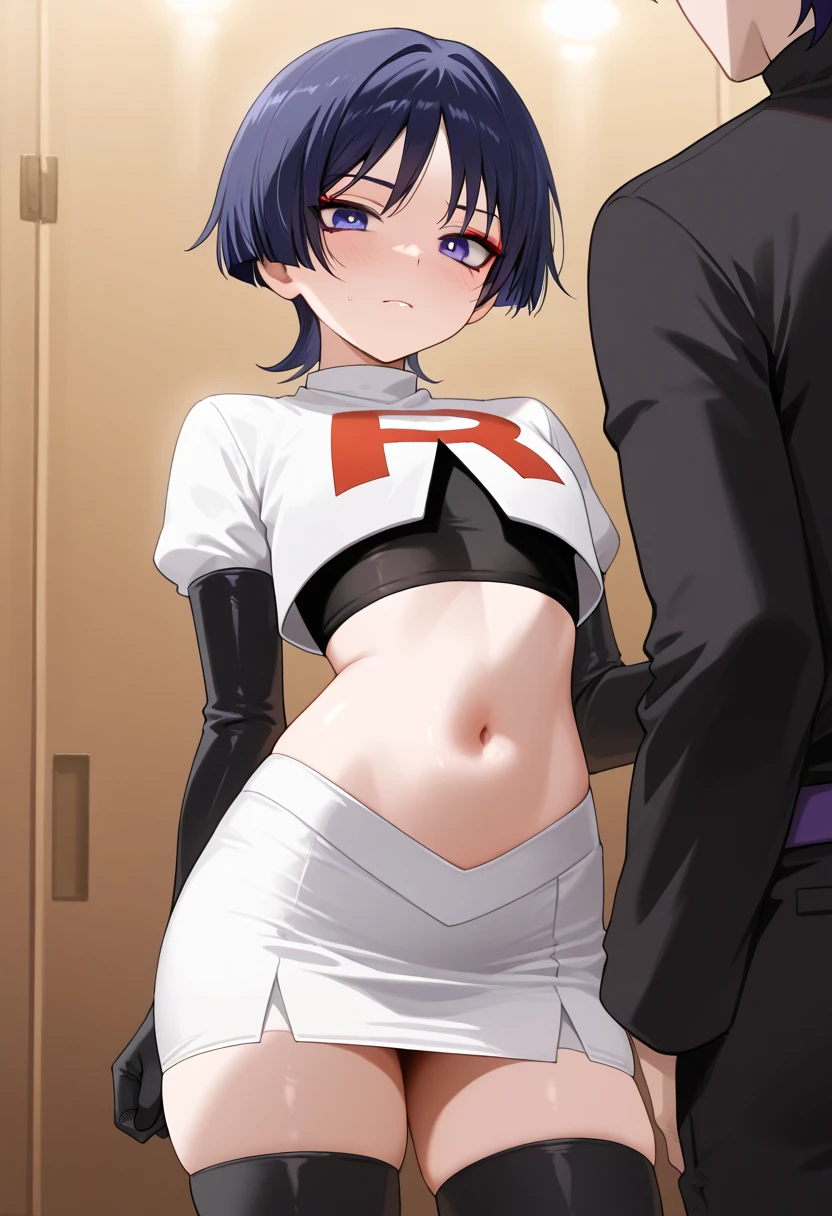 source_anime, rating_explicit, score_9, score_8_up, score_7_up, black_hair, goth, gothic, short_hair, looking at viewer, crop top, skirt, thighhighs, black clotges, goth girl, ikuchan, rape face, sinister, scheming, green eyes, smirk, standing, indoors, bedroom, fancy wallpaper, 1boy, cuckold, large male, ((size difference)), male head out of frame, breast grab, front view, light skinned male, pale skinned male, ntr, netorare, standing side by side, standing, giant penis, duo