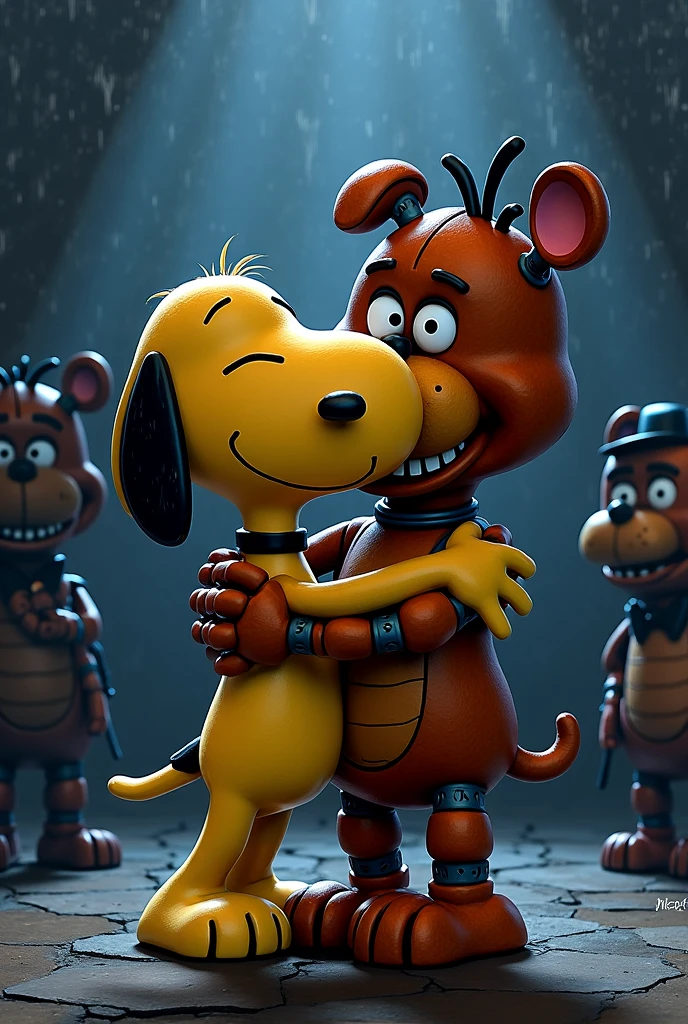 Huggy wuggy staring at fnaf frady in a dark hallway