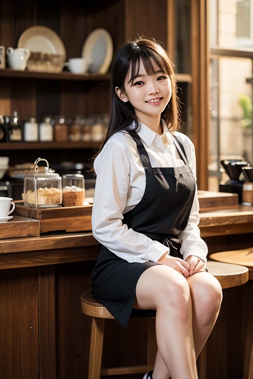 21 years old girl (Japanese cute face) wearing very short mini skirt and apron and working at the coffee cafe with sunflowers