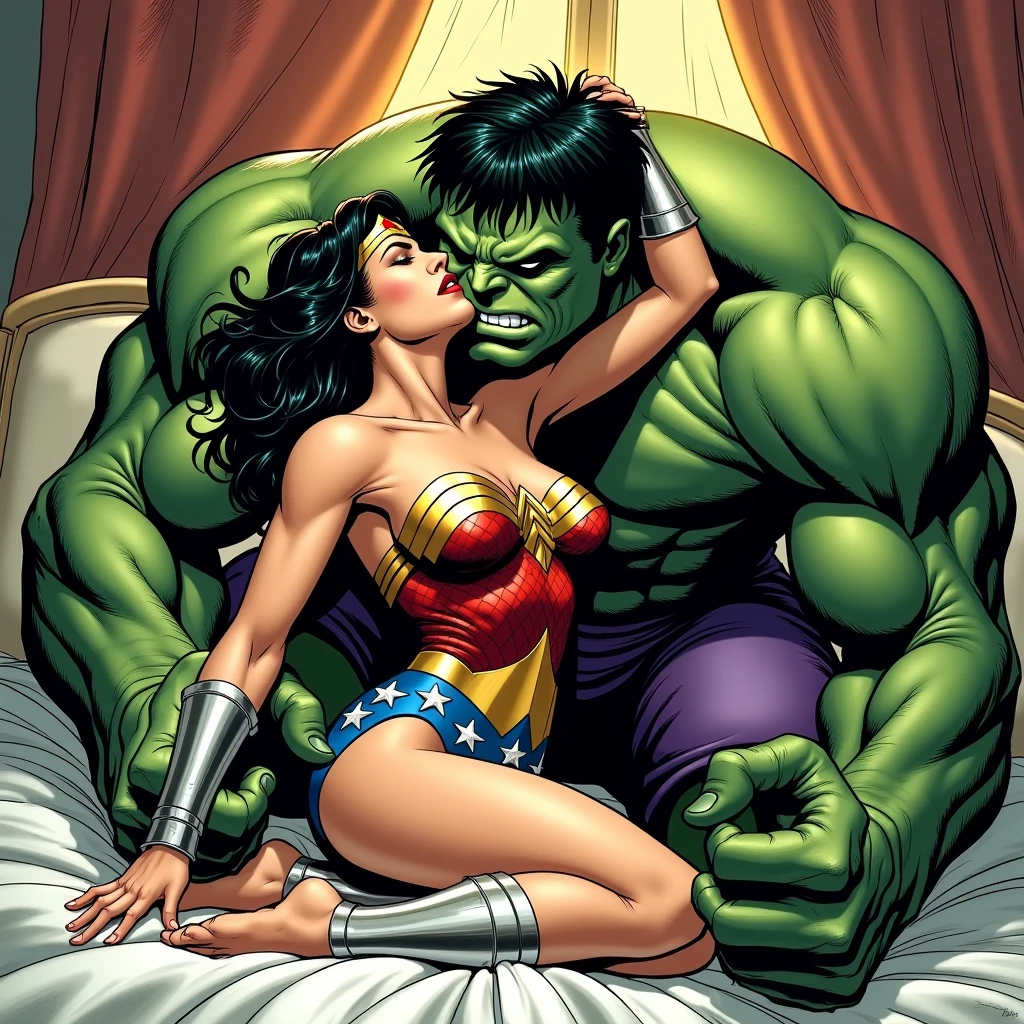 Wonder woman, sweaty, angry, transparent blouse, blouse clinging to her body, sitting on hulk's leg

