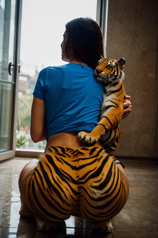 NSFW (nude) (Nami ((human)) large breasts, strip of pubic hair), rear view, on hands and knees, vaginal penetration, fucking male furry ((andro tiger)) with red spiked penis, full body, on a deserted beach
