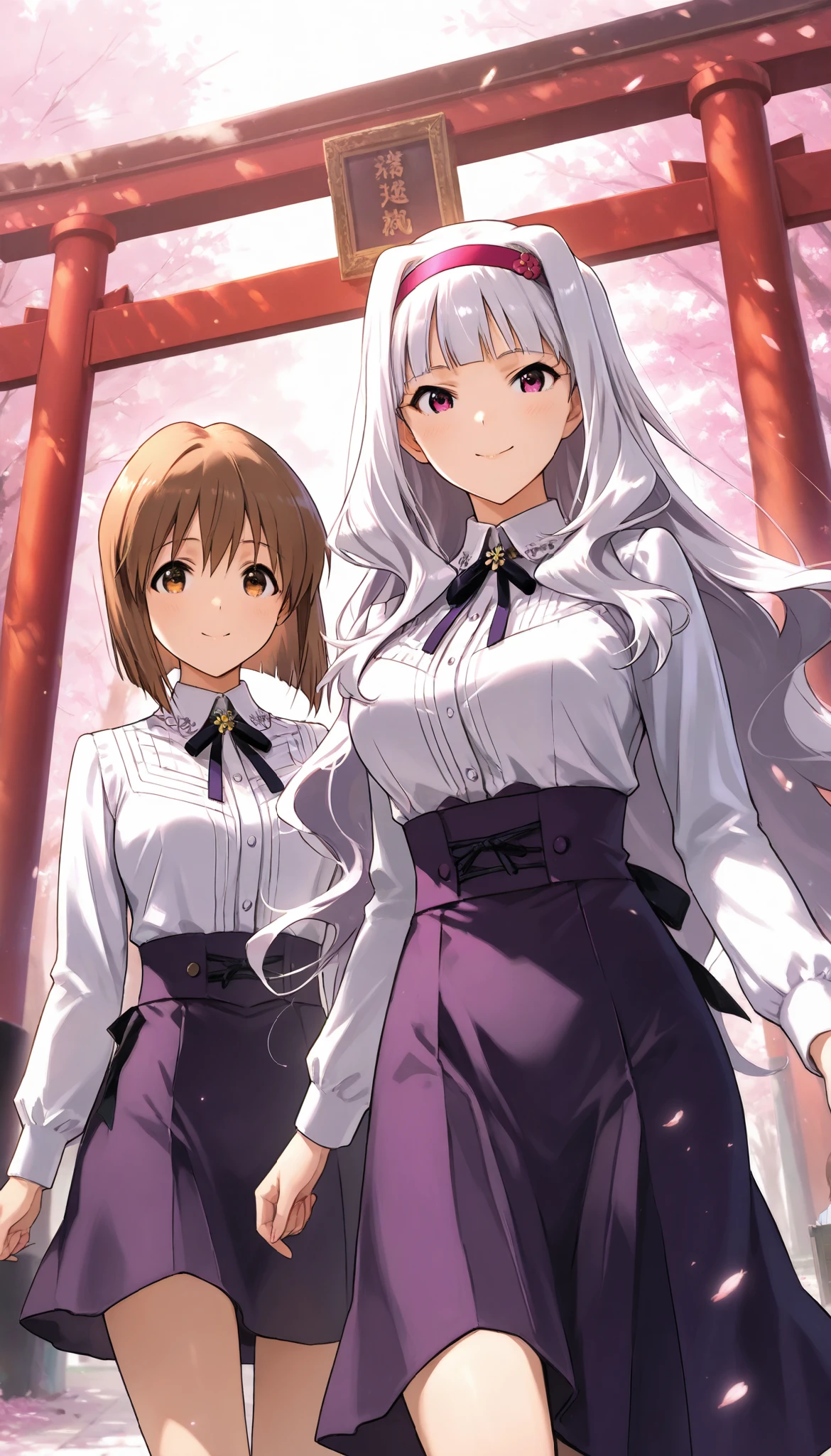 score_9 , score_8_up , score_7_up , source_anime ,2 girls, Shijou Takane, white hair, long hair, BREAK, purple eyes, Simple headband, gentle smile, Hagiwara Yukiho, brown hair, short hair, brown eyes, Smile shyly, The two are wearing matching kimonos, In front of the torii gate