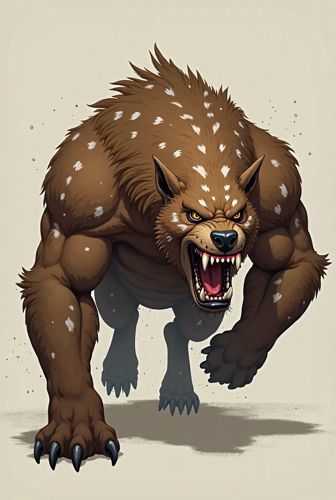 Head and face of a buffalo、The tusks and nose are those of a wild boar、Eyebrows are gorilla-like、The long tail is a wolf、Mane of a lion、The big body is a bear、A humanoid beast with only blue eyes、Wearing blue clothes and looking sloppy