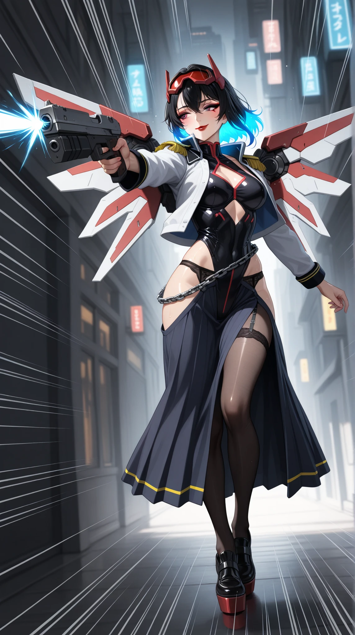 Sky blue short Bob, Red eyes, Black long-sleeved shirt, White pale skin, White eye patch, tall, long leg, Black trousers, Black high-heels, Big breast