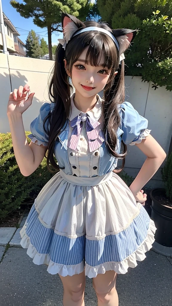 Cat ear girl, smile, singer, twin tails, shorts with r, outside, anatomically accurate, idol costume,