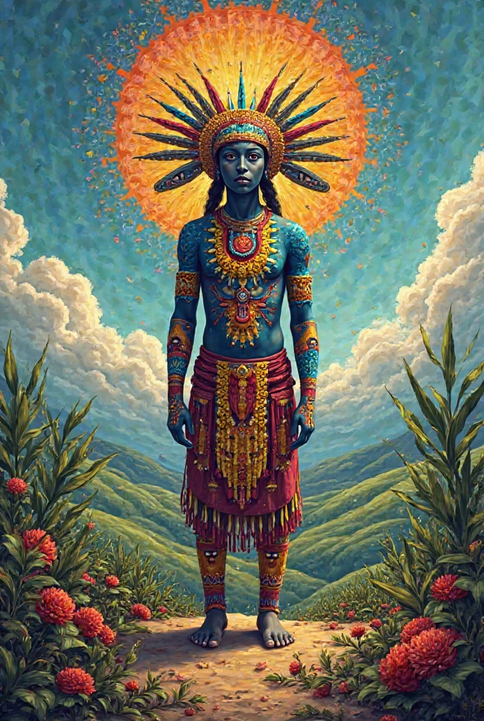 a surreal Peruvian shaman male body whose bidy is split into two distinct halves. One half of the face appears smooth and human-like with a geometruc pattern, while the other half transforms into a swirling vortex of small cubes, giving a sense of spiritual or computational transformation. The figure's hands are holding a neon pipe that the smoke is a vortex, emphasizing the blending of human and digital elements. The background blurred psychedelic