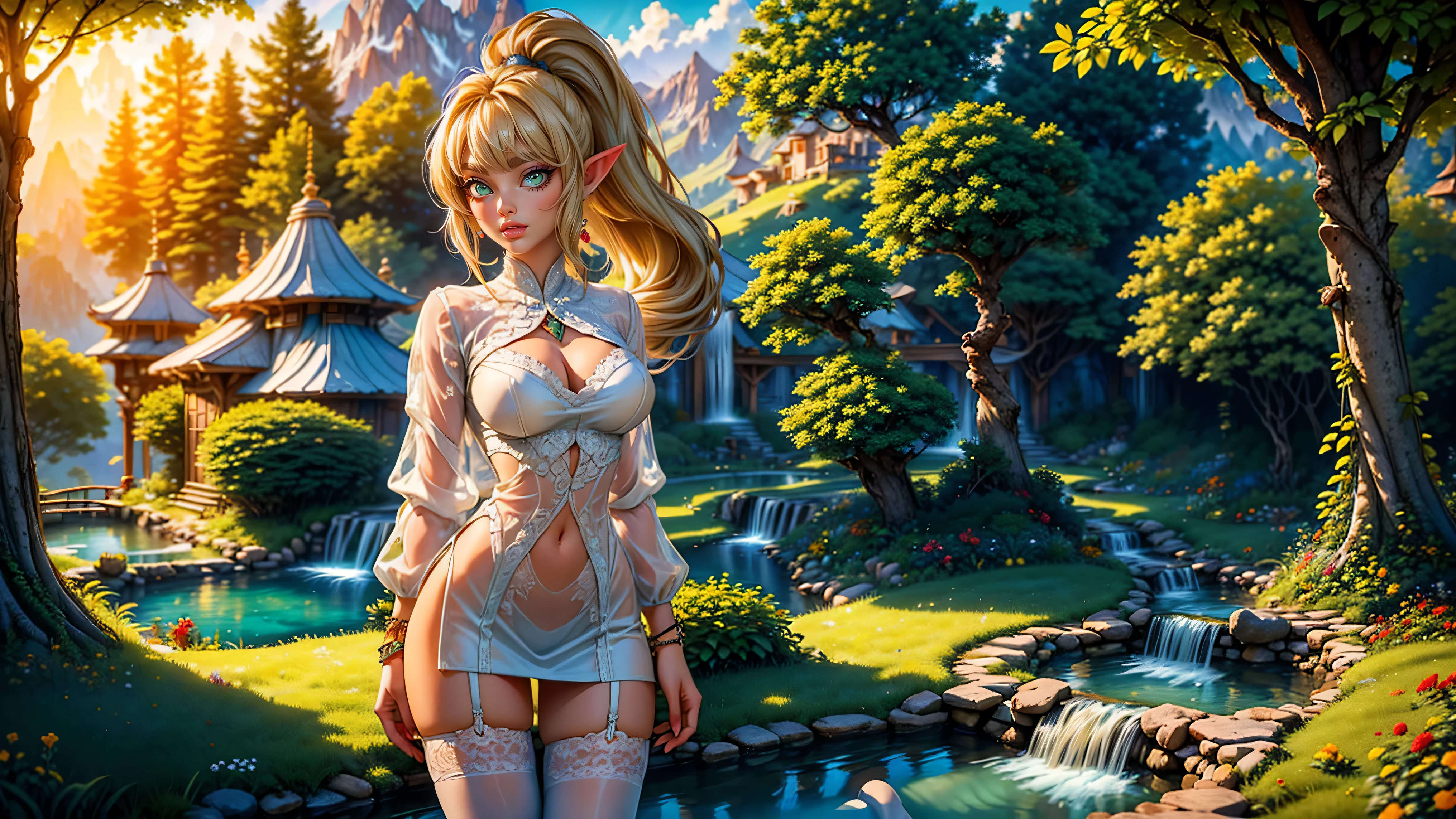 cute young elf girl with a beautiful body and face, men looking at her as she walks through her village, ((men staring)), ((1girl)), ((solo)), ((Long hair)), ((blonde hair)), ((big ponytail)), ((skinny)), ((petite)), ((young girl)), ((large expressive eyes)), ((smiling)), ((round breasts)), ((white formfitting clothes)), ((painted on clothes)), ((semi-transparent clothes)), ((thighhighs)), ((fantasy setting)), ((forest, mountains, streams, meadows)), 