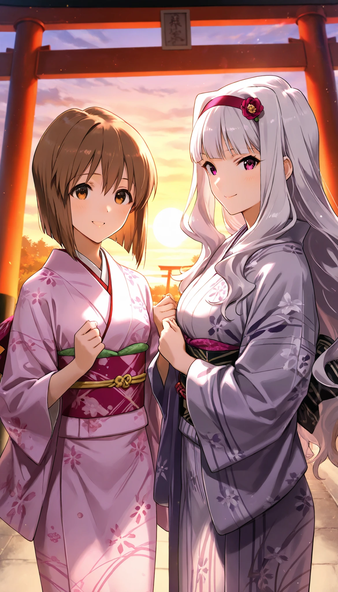 score_9 , score_8_up , score_7_up , source_anime ,2 girls, Shijou Takane, white hair, long hair, BREAK, purple eyes, Simple headband, gentle smile, Hagiwara Yukiho, brown hair, short hair, brown eyes, Smile shyly, kimono, In front of the torii gate, sunrise, best lighting