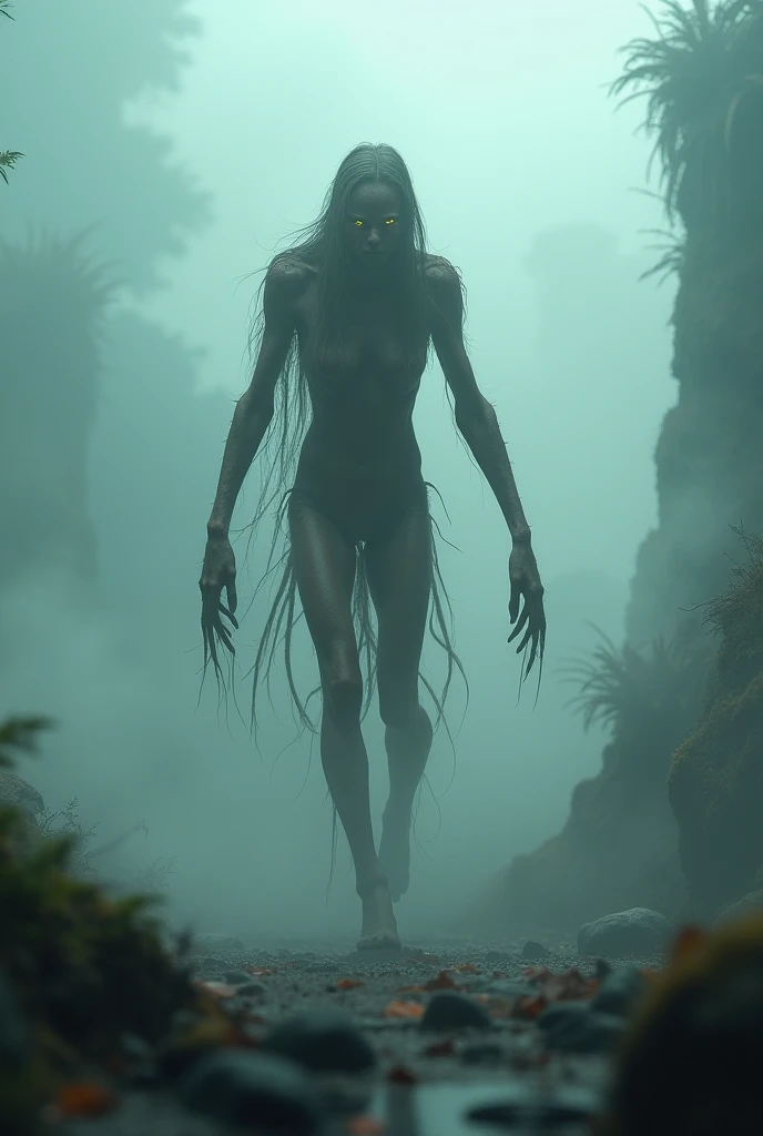 Create a surreal 3D rendering, a chilling tableau of a woman with charcoal-stained skin and ancient writings inscribed upon her visage and body. Her root fiber tresses cascade down her shoulders in wild disarray. Kneeling before her is a spectacle that defies the laws of scale − giant eyes, irises of darkest blue, and sharp, black, serpentine pupils that utterly dominate the image. The eyes are a labyrinth of intricate detail and texture, with splashes of deep red, black, and blue hues that add to their unsettling allure. Big, deep, and glistening, the woman's tears