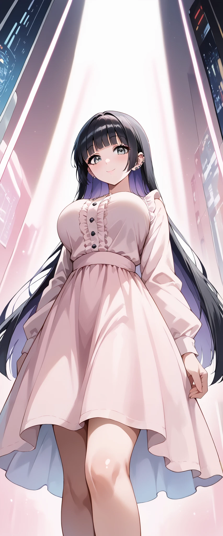score_9, score_8_up, score_7_up, source_anime, 4K,perfect fingers,(perfect hands, perfect anatomy),prefect lighting, very aesthetic, intricate details,highly detailed background, masterpiece, high quality, best quality,
1girl,solo,pasan, pasan, ((black hair:1.5)), blunt bangs, blunt ends, chin piercing, colored inner hair, ear piercing, grey eyes, hime cut, long hair, medium bangs, multicolored hair, piercing, purple hair, ((large breast:1.5)),
wearing ((casual dress,frills,ornate clothing, )),,
front, Shooting from directly below ,( pink room ), ( artist : Boingoo ), ( artist : laser flip ), ( artist : Orushibu ), ( Cellulite :0.9), beautiful skin, bright skin,