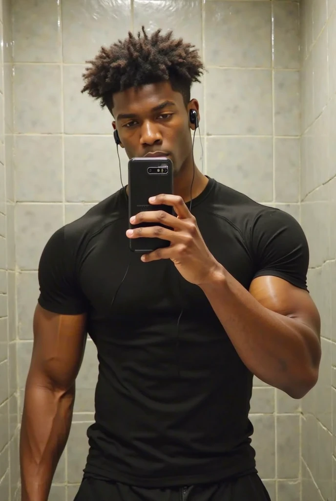 there is a man that is taking a picture of himself in the mirror, exaggerated muscle physique, posing and flexing, exaggerated physique, bodybuilder physique, with abs, chiseled abs, slender and muscular build, fit physique, lean but muscular, man is with black skin, lean and muscular, crop shirt and strong abs