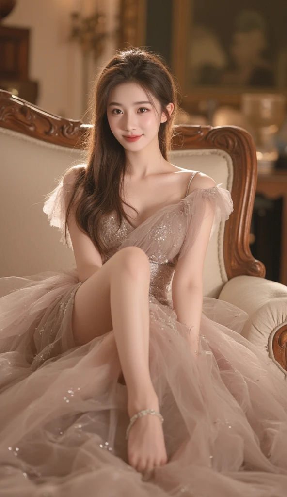 (knee shot),Pretty girl, young female model, Sweet maiden, evening dress S9,flower, inside in room, sit on chair, deck chair, Cross ed leg, tmasterpiece, best qualtiy, Extremely detailed description, Ultra-fine painting, delicated face, slim toned body,grin, Hefty Smile