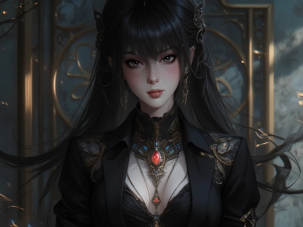 8K,very small breasts,long black hair,Close-up of a woman wearing black evil god lacagerie, beautiful fantasy empress, ((beautiful fantasy empress)), small breasted , very high detail, extremely detailed , up to the model | types of bacteria, trending on cgstation, Chenwei Pan On Art Station, Super high resolution,super realistic skin,beautiful expression,fantasy art,laughter(Like the real thing),small breasted ,straight hair,golden eyes,black gemstone earrings,black gemstone necklace,black lipstick,black eyeshadow,evil god makeup,masterpiece,Photorealistic RAW photos of the highest quality。bright colors,rich colors, Backlight, cinematic lighting, film grain, 50mm lens, Nikon D850,beautiful expression,fantasy art,character art,look at the viewer,perspective from above,on the bed,