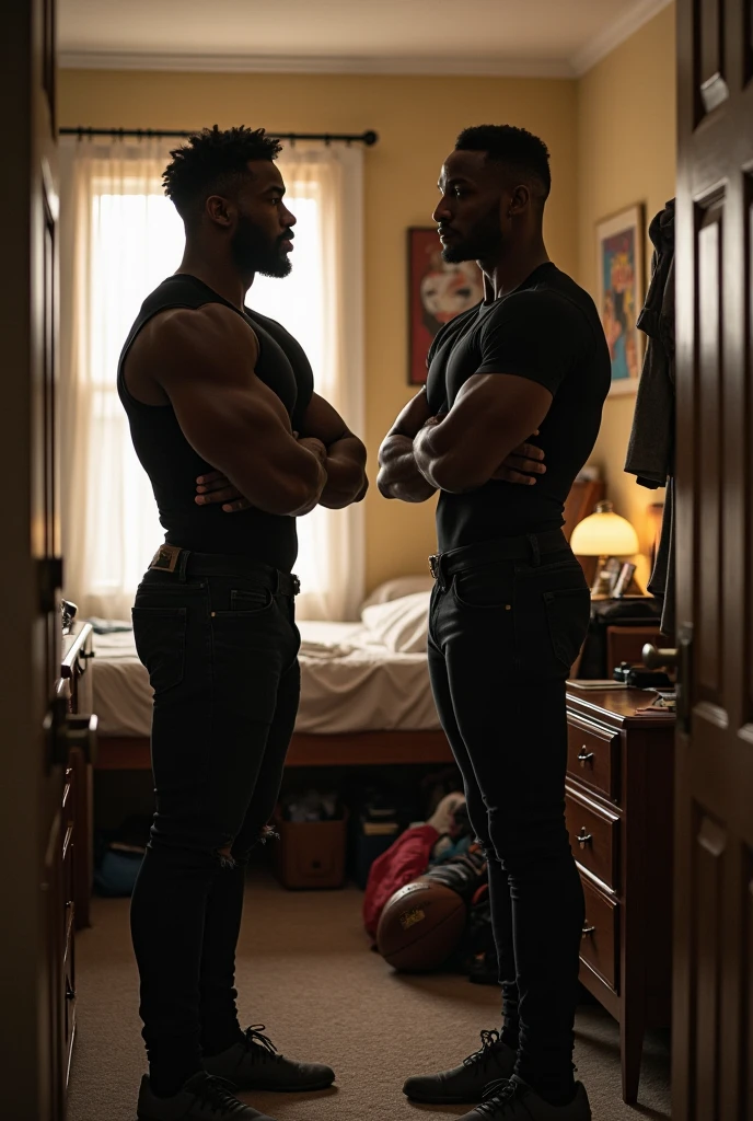 Two Black men in heated argument in apartment