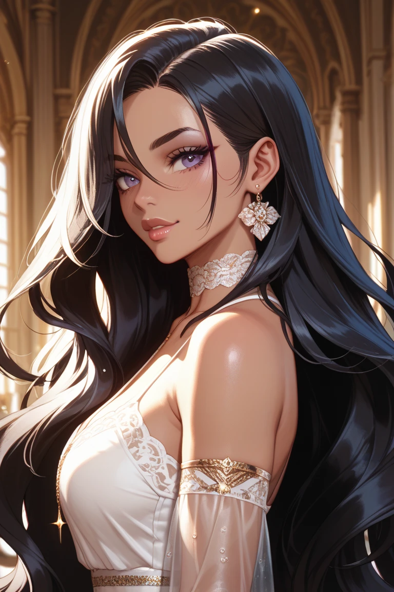 A close up of a woman in a black dress posing for a picture