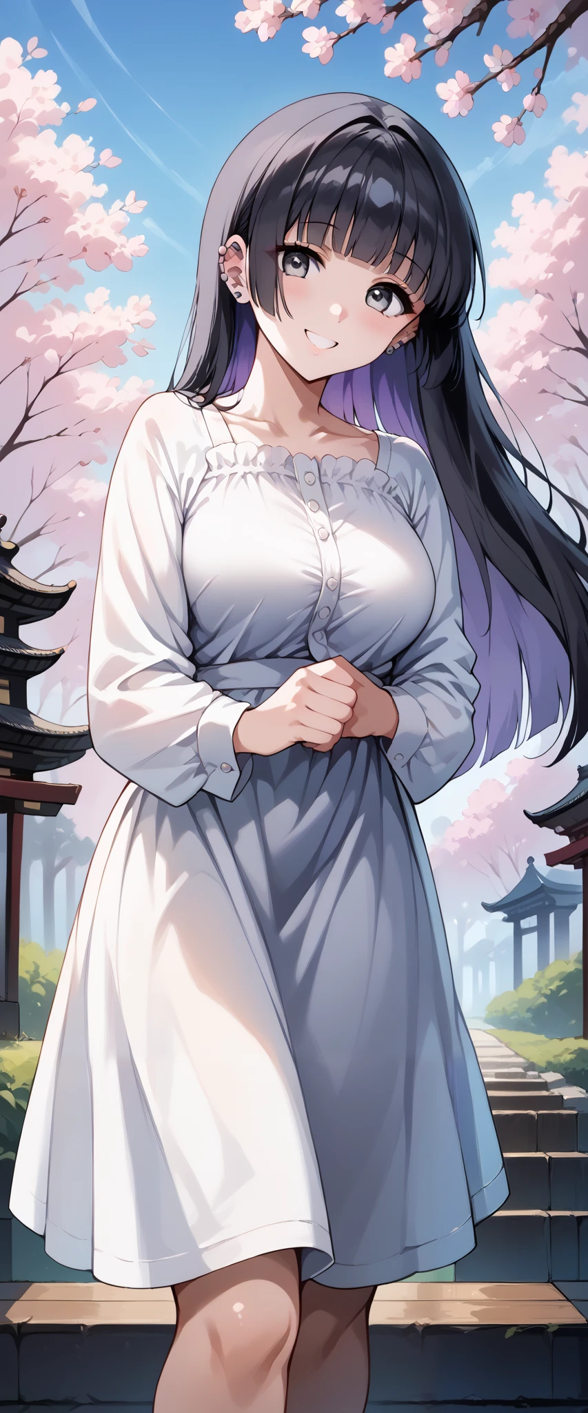 score_9, score_8_up, score_7_up, source_anime, 4K,perfect fingers,(perfect hands, perfect anatomy),prefect lighting, very aesthetic, intricate details,highly detailed background, masterpiece, high quality, best quality,
1girl,solo,pasan, pasan, ((black hair:1.5)), blunt bangs, blunt ends, chin piercing, colored inner hair, ear piercing, grey eyes, hime cut, long hair, medium bangs, multicolored hair, piercing, purple hair, ((large breast:1.5)),
wearing ((casual dress,frills,ornate clothing, )),,
forest, sakura, cherry blossoms,action pose, looking at viewer, head tilt, playful smile,from behind, leaning forward, looking at viewer, smile, outdoors, sky, solo focus,