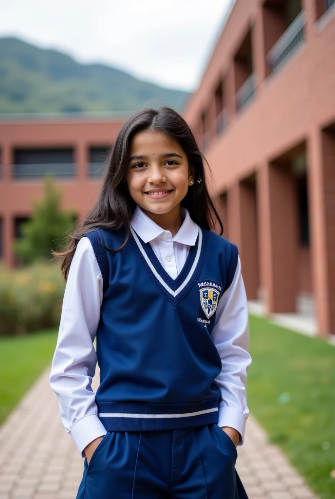 Student wearing the uniform of the Pio Bravo Educational Unit from the institution in Paute, Azuay, Ecuador