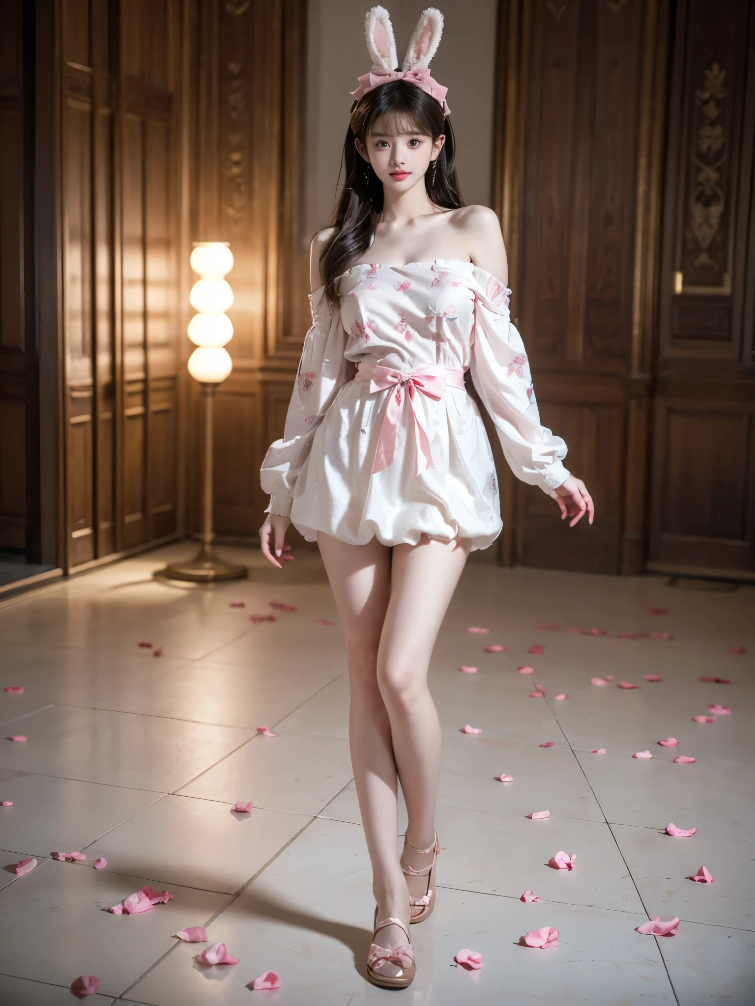 cyb dress,rabbit dress,white dress,rabbit skirt,shirt,animal print shirt,long sleeves,bow,pink bow,rabbit ears,rabbit print ,, (full body:1.4), (45 Angle shot from top to bottom:1.3), (photorealistic:1.3), masterpiece, best quality, (beautiful young woman:1.4), (Sit sideways on the floor), (single bare shoulder:1.3), (Big bust, very short hemline), (anatomically correct:1.5), (correct human anatomy:1.4), (realistic body proportions:1.4), (natural pose:1.3), (graceful posture:1.3), Beautiful romantic style, scattered rose petals, cinematic lighting, 8k raw photo, (relaxed:1.1), (looking at camera:0.9), (romantic atmosphere:1.3), (dreamy mood:1.2), (ethereal glow:1.2), (cinematic lighting:1.25), (high resolution:1.3)